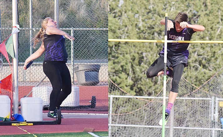 Sedona senior Hannah Ringel (left) ranks first in the state in both the shot put and discus while sophomore Drake Ortiz (right) ranks fourth this week in the pole vault. VVN/James Kelley