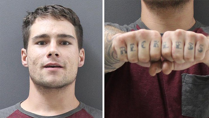 The suspect, 24-year-old Joshua Harrington, is white, 5-feet, 9-inches, with brown hair and hazel eyes. He has a series of letters tattooed on the knuckles of both hands.