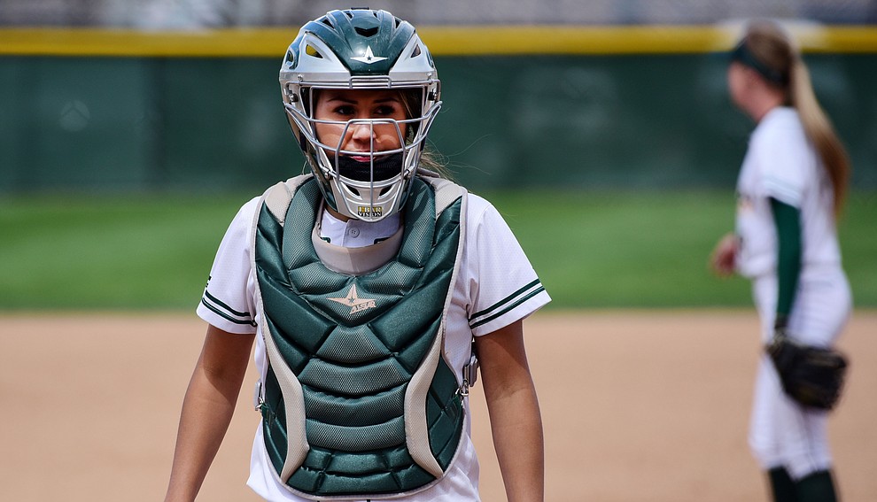Yavapai's Savana Ramirez reacts after a homer as the Lady Roughriders play Central Arizona in softball Saturday, April 8 in Prescott.  (Les Stukenberg/Courier)