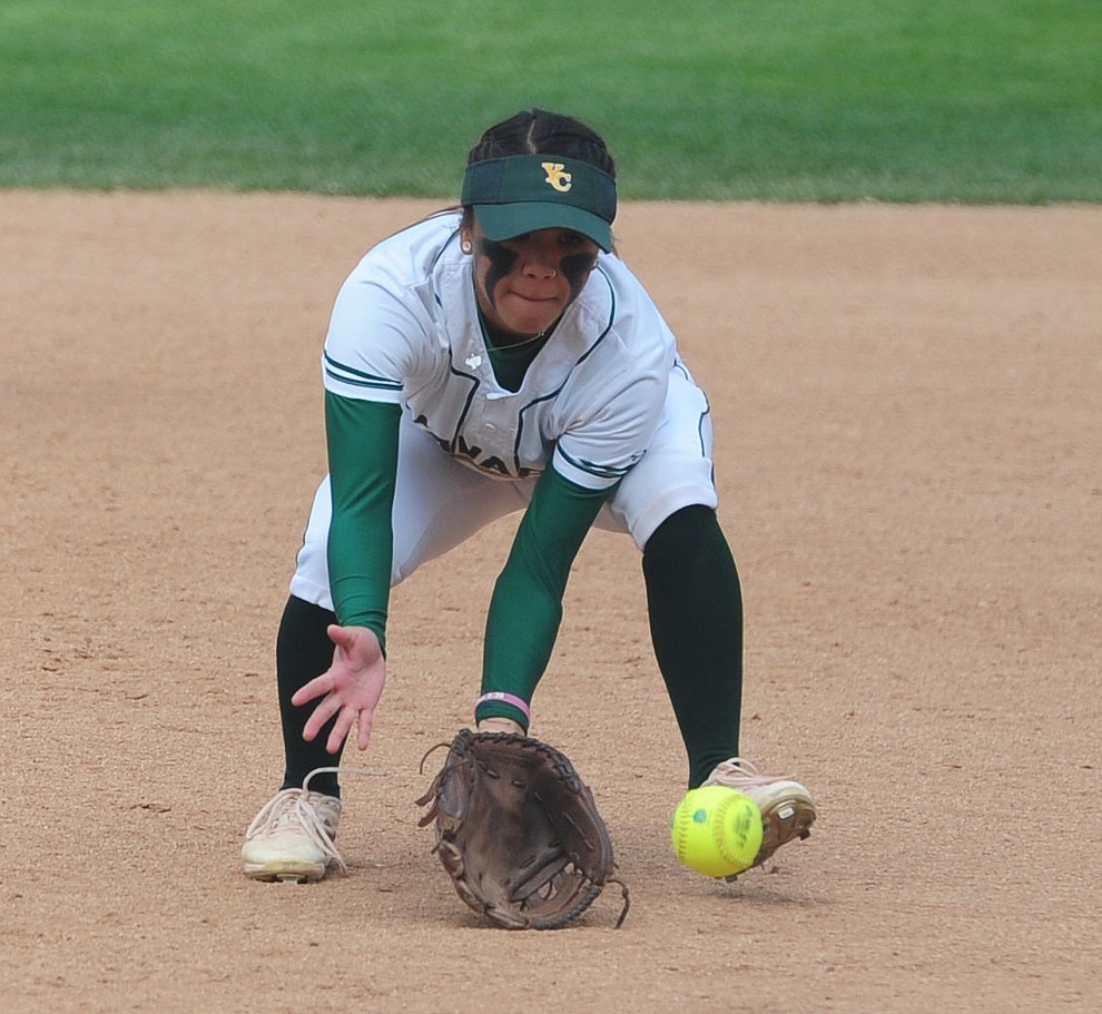 Yavapai's Shayna Ige fields the ball at shortstop as the Lady Roughriders play Central Arizona in softball Saturday, April 8 in Prescott.  (Les Stukenberg/Courier)