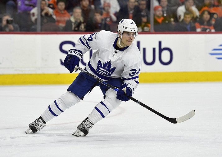 In this Jan. 26, 2017, file photo, Toronto Maple Leafs' Auston Matthews skates during an NHL hockey game against the Philadelphia Flyers, in Philadelphia. The significance of budding young stars Connor McDavid and Auston Matthews making their respective playoff debuts isn't lost on Wayne Gretzky. The Great One tells The Associated Press he sees parallels to the buzz in 2005 when Sidney Crosby and Alex Ovechkin entered the league. (Derik Hamilton/AP, File)