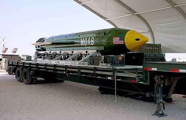 Pictured is a GBU-43B, or massive ordnance air blast weapon, the U.S. military's largest non-nuclear bomb, which contains 11 tons of explosives. The Pentagon said U.S. forces in Afghanistan dropped a GBU-43B on an Islamic State target in Afghanistan on Thursday, April 13, 2017, in what a Pentagon spokesman said was the first-ever combat use of the bomb.

