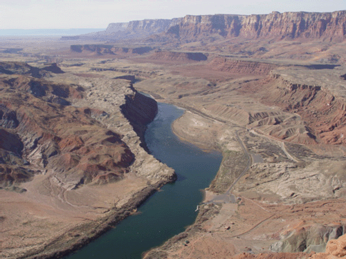 The Colorado River as seen from above its starting point at Lee's Ferry near Glen Canyon Dam. 