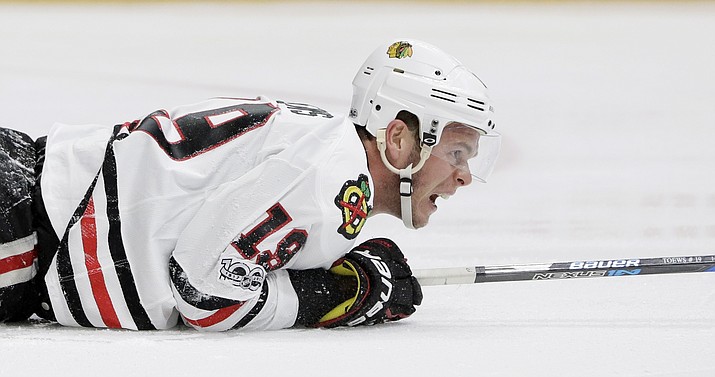Chicago Blackhawks center Jonathan Toews yells after a collision during the third period in Game 3 of a first-round NHL hockey playoff series against the Nashville Predators Monday, April 17, in Nashville, Tenn. (Mark Humphrey/AP)