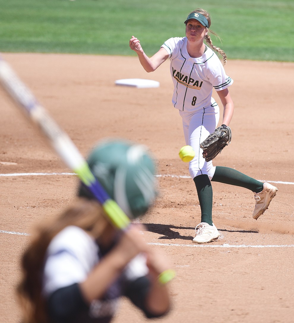 Yavapai's Amy Robinson delivers a pitch as they faced Scottsdale Community College Saturday, April 22 in Prescott.