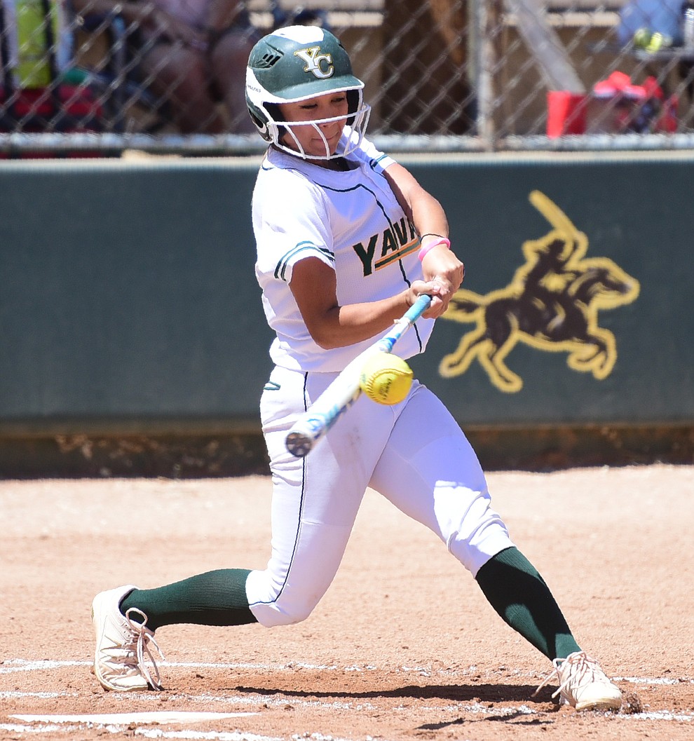 Yavapai's Shayna Ige hits a single as they faced Scottsdale Community College Saturday, April 22 in Prescott.