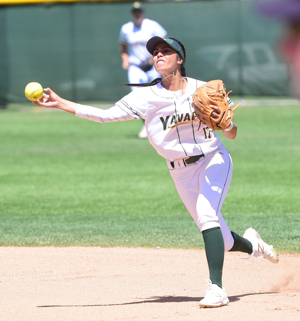 Yavapai's Mahina Chong throws to first for the force out as they faced Scottsdale Community College Saturday, April 22 in Prescott.