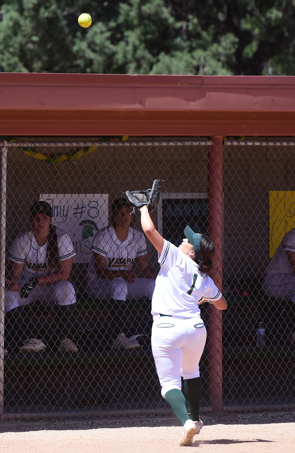 Yavapai's Karissa Pena has a bead on the ball in foul territory as they faced Scottsdale Community College Saturday, April 22 in Prescott.