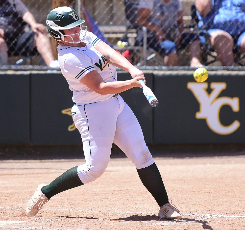Yavapai's Jaydee Boursaw had a three-run homer in the third inning as they faced Scottsdale Community College Saturday, April 22 in Prescott.