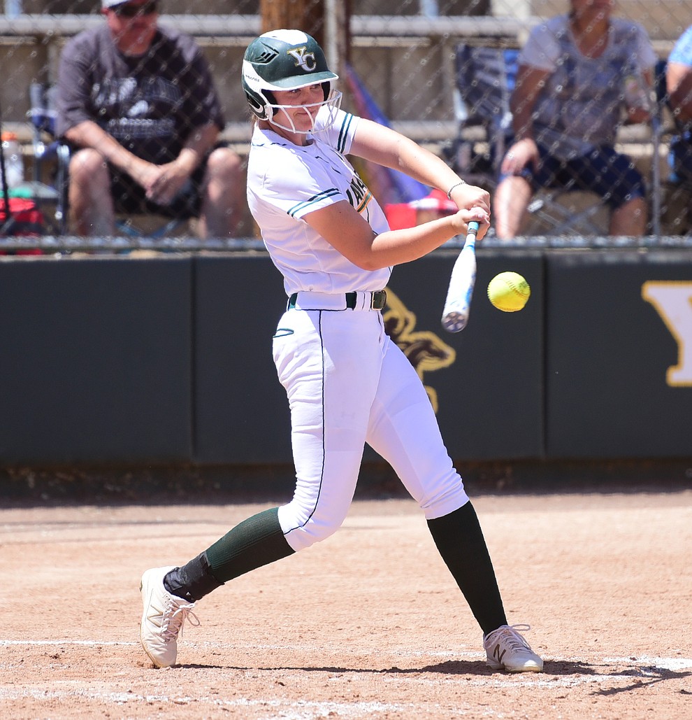 Yavapai's Kalee Mabry smacks a double in the gap as they faced Scottsdale Community College Saturday, April 22 in Prescott.
