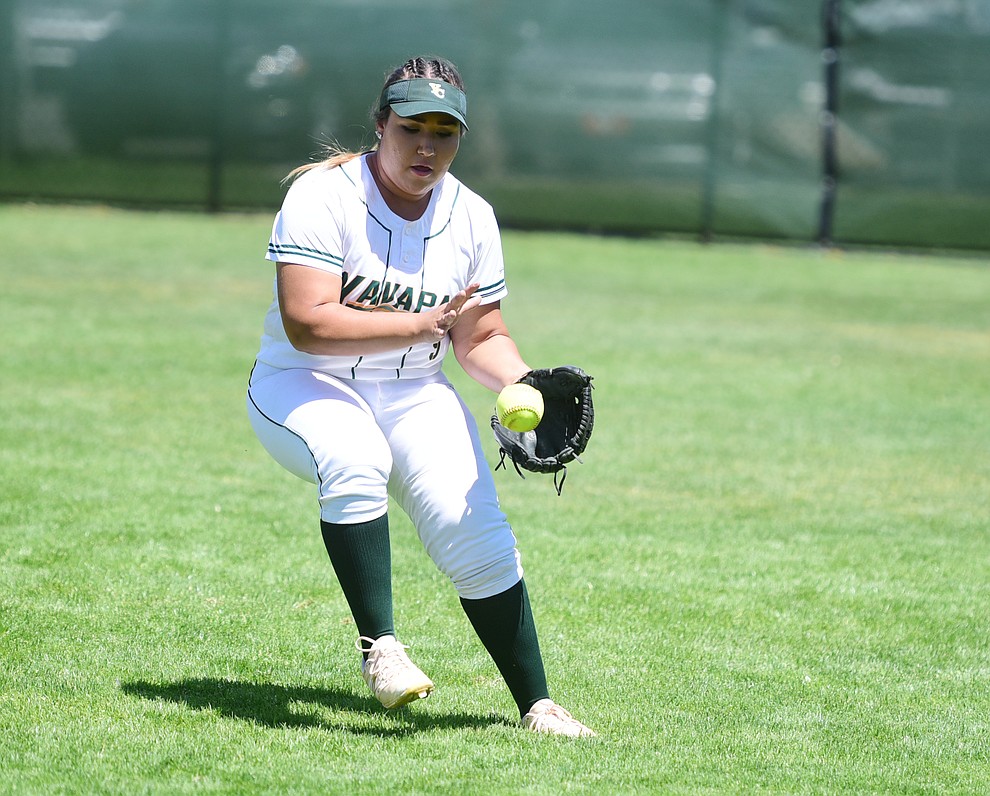 Yavapai's Raelynn Rios fields the ball in right field as they faced Scottsdale Community College Saturday, April 22 in Prescott.