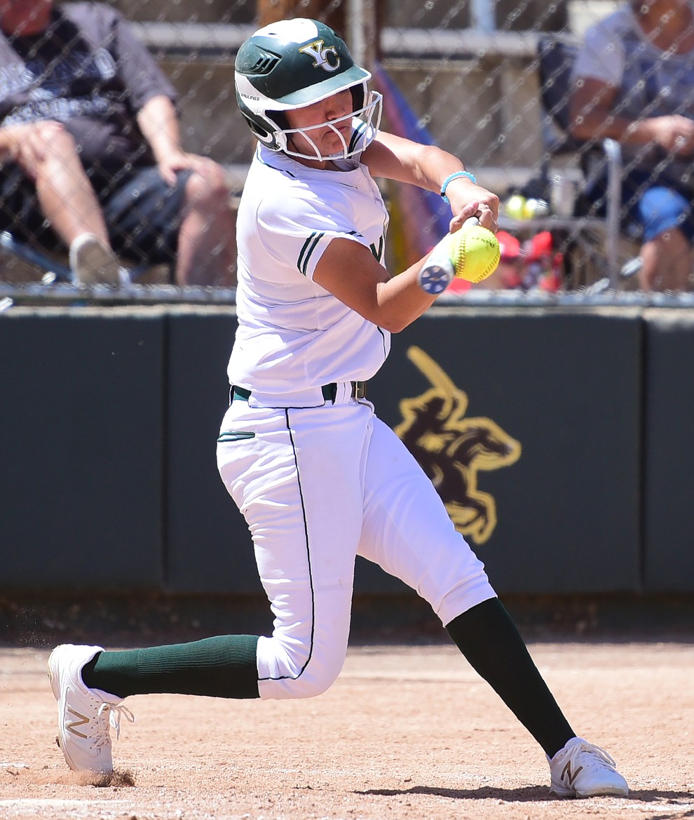 Yavapai's Andrea Sotelo crushes a two-run homer as they faced Scottsdale Community College Saturday, April 22 in Prescott.