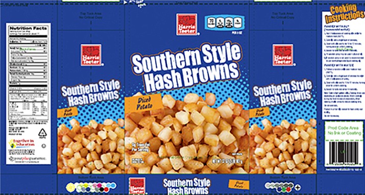 The company is recalling 2-pound bags of Harris Teeter Brand Frozen Southern Style Hash Browns in North Carolina, South Carolina, Virginia, District of Columbia, Delaware, Florida, Georgia and Maryland.