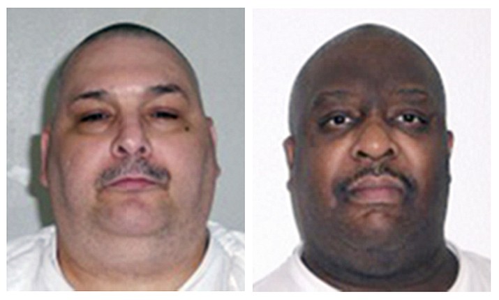 This combination of undated file photos provided by the Arkansas Department of Correction shows death-row inmates Jack Jones, left, and Marcel Williams. The two Arkansas inmates scheduled to be put to death Monday, April 24, 2017, in what could be the nation's first double execution in more than 16 years have asked an appeals court to halt their lethal injections because of poor health. 
