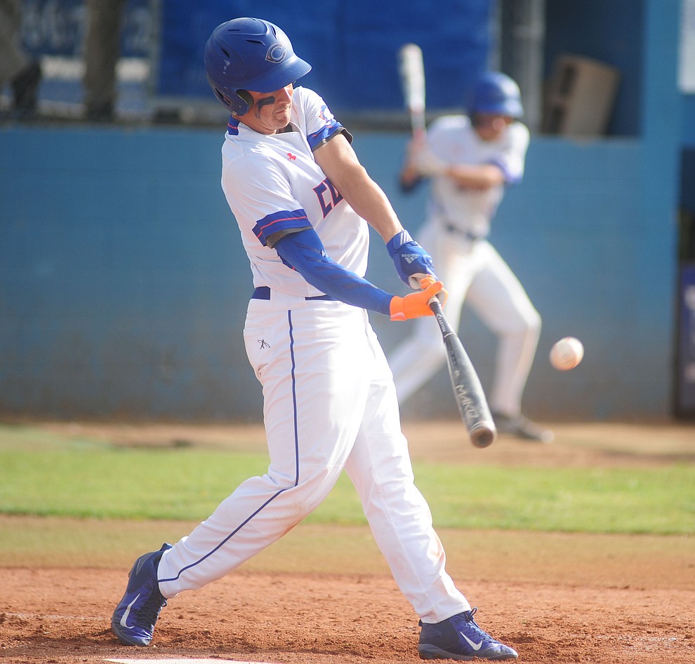 Chino Valley's Jayden Loftin strokes a double as they play Monument Valley in a play-in game at Chino Valley for the Arizona Interscholastic Association's State Baseball Tournament Wednesday, April 26.  (Les Stukenberg/Courier)