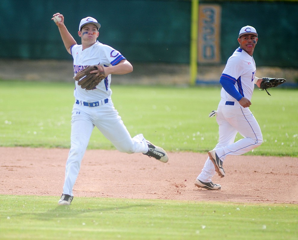 Chino Valley's Tyler Hixon makes a hard infield play as they play Monument Valley in a play-in game at Chino Valley for the Arizona Interscholastic Association's State Baseball Tournament Wednesday, April 26.  (Les Stukenberg/Courier)