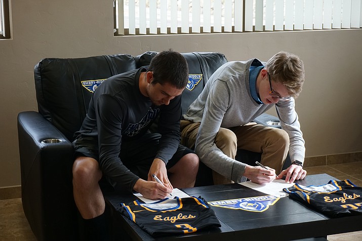 The Embry-Riddle men’s basketball team inked three players for the 2017-2018 recruiting class. Ryan Skurdal, left, and Carter Kosiak signed to play basketball with the Eagles on April 14. Kaden Herbert is not pictured. “We are excited about the addition of Carter, Kaden and Ryan to our basketball family,” Embry-Riddle head coach Eric Fundalewicz said. (ERAU Athletics/Courtesy)
