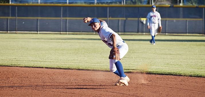 Camp Verde senior Wyatt Howe throws out a Spartan at first base during the Cowboys’ 6-5 win over Northland Prep on April 25. Howe is batting .461 so far this season. (VVN/James Kelley)