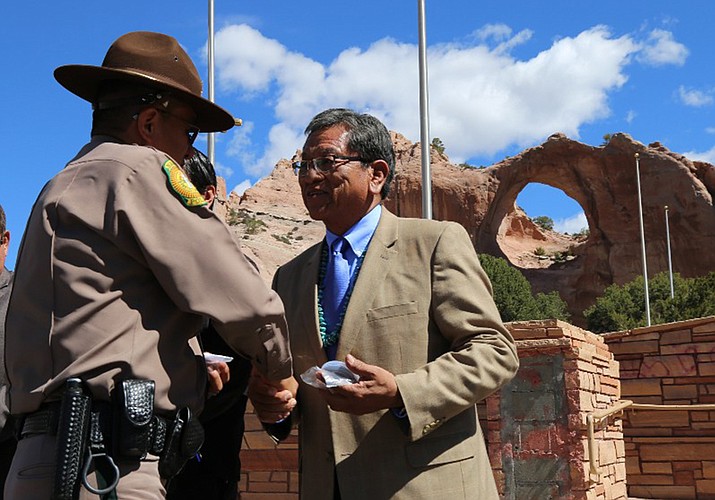 Navajo President Russell Begaye congratulates officers who received promotions at a May 1 ceremony in Window Rock. Submitted photo