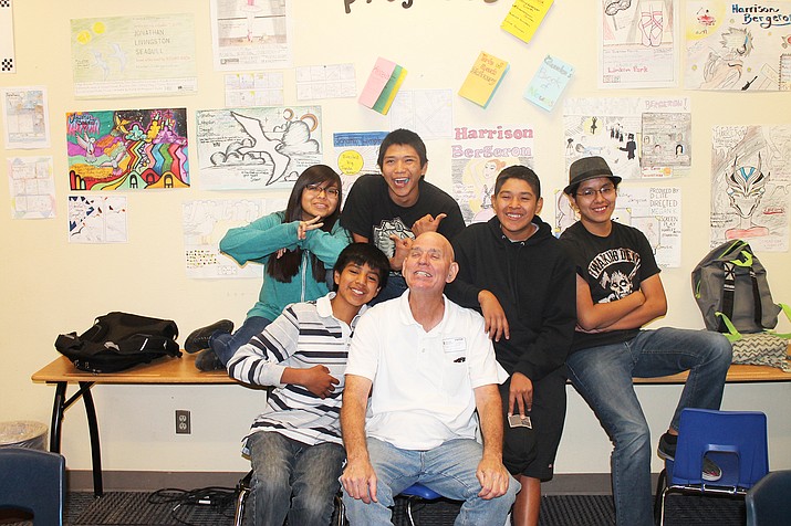 Former Hopi Junior High teacher Dennis Williams hangs out with students Megan Kaye, Adam Harvey, Aiden Puhuyesva, Marcus Navenma and Simon Seeyouma. Stan Bindell/NHO