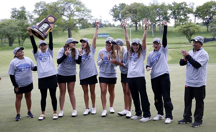 The Arizona State women’s golf team celebrates winning the NCAA Division I Women’s Golf Championship against Northwestern at Rich Harvest Farms Golf Course on Wednesday, May 24, 2017, in Sugar Grove, Ill. (Charles Rex Arbogast/AP)