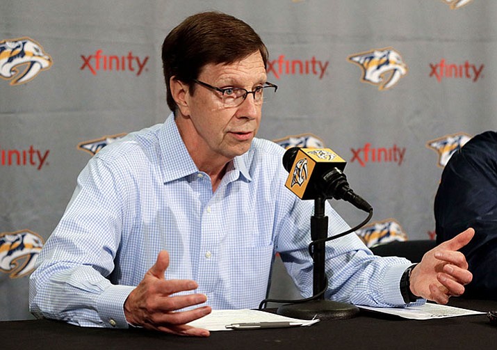 In this May 18, 2016, file photo, Nashville Predators general manager David Poile answers questions during a news conference in Nashville, Tenn.

