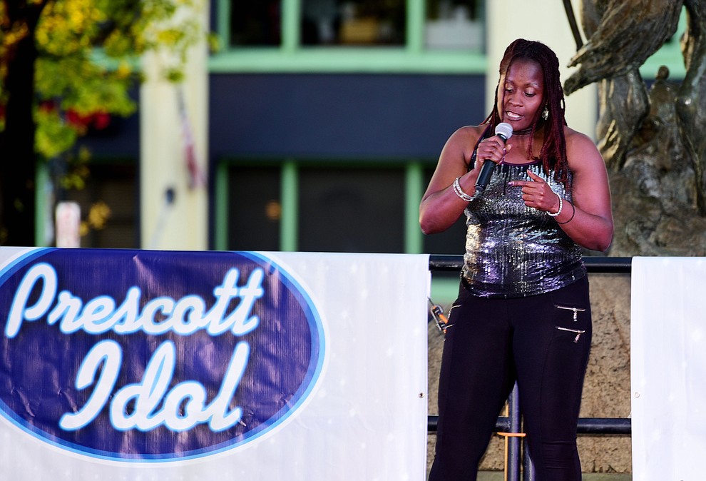 Yakini Wisdom sings "Weak" during the first round of Prescott Idol 2017 Thursday, June 1 on the Yavapai County Courthouse Plaza. (Les Stukenberg/Courier)