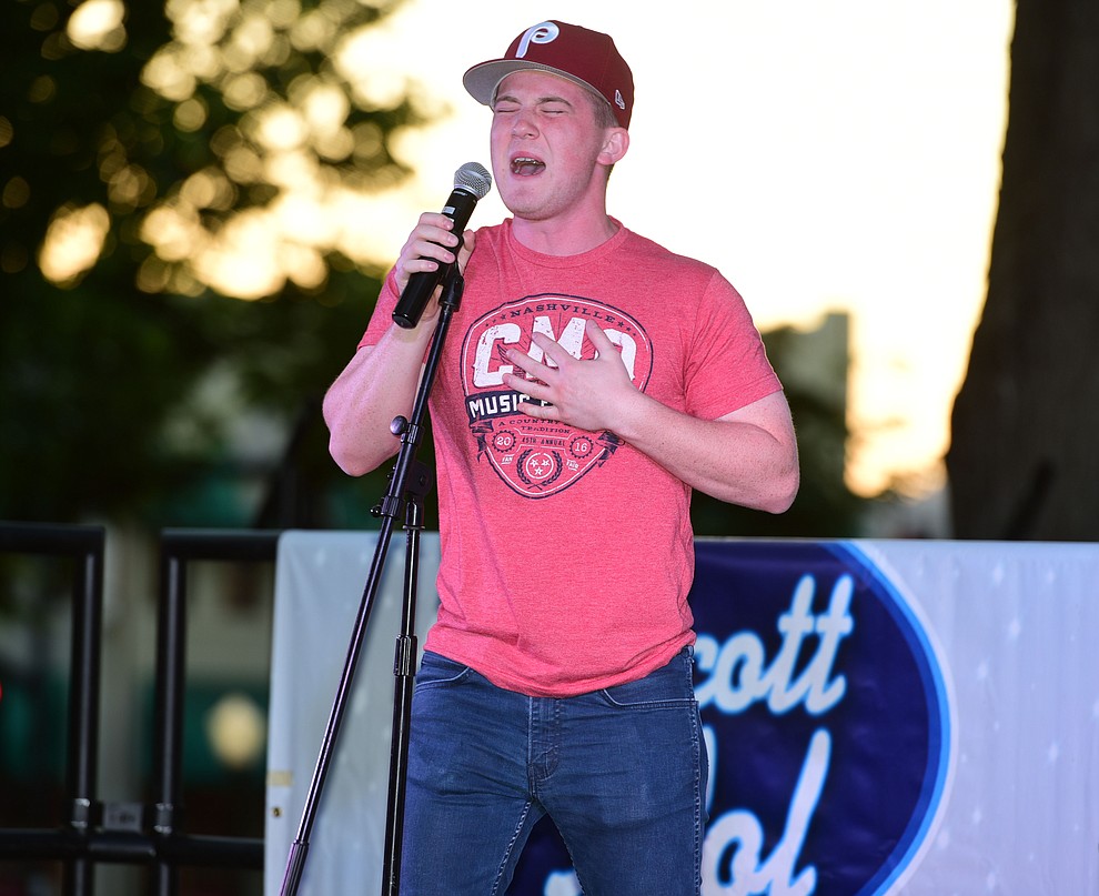 Ben Potts sings "Let me Down Easy" during the first round of Prescott Idol 2017 Thursday, June 1 on the Yavapai County Courthouse Plaza. (Les Stukenberg/Courier)