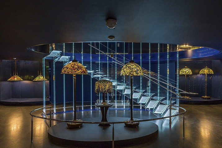 This undated photo provided by the New York Historical Society Museum and Library shows an installation view of The Gallery of Tiffany Lamps, designed by renowned Czech architect Eva JiÅ™iÄnÃ¡, and comprises a 4,800-square-foot, two-story space measuring nearly a city block with its soaring glass Norman S. Benzaquen Grand Staircase. (Corrado Serra/New York Historical Society Museum and Library via AP)