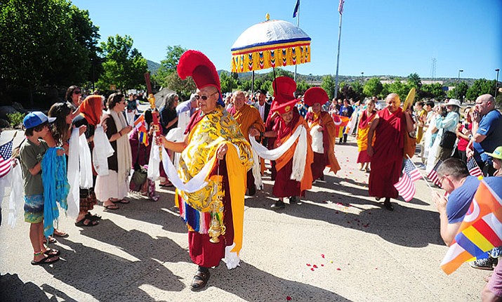 His Holiness Drikung Kyabgon Chetsang Rinpoche and His Eminence Garchen Triptrul Rinpoche arrive for a World Peace and Teaching event Friday, June 16, at Yavapai College in Prescott. (Les Stukenberg/Courier)