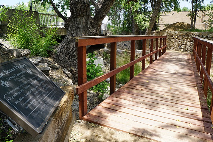 A new footbridge behind the Carl’s Jr. on Miller Valley Road gives pedestrians and cyclists a convenient way to cross Miller Creek. The bridge – an Eagle Scout project by local Boy Scout Lewis Brownlie – is just one of the recent improvements to the Greenways Trail, which now provides a walking and biking connection between the downtown area and the Prescott Rodeo Grounds. (Cindy Barks/Courier)