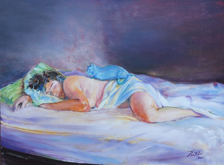 In “El Gato Azul,” local artist Thatcher Bohrman depicts his wife Meg Bohrman sleeping, with a blue cat perched on her back. The painting is one of Bohrman’s pieces currently on display at ‘Tis Art Center & Gallery.