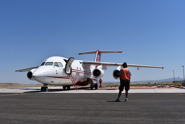 A BAE 146 air tanker prepares to take off from the Prescott airport Monday, June 26, 2017, to help fight the Goodwin Fire. The tanker is operated by Neptune Aviation Services based out of Missoula, Montana, and has a retardant capacity of at least 3,000 gallons.