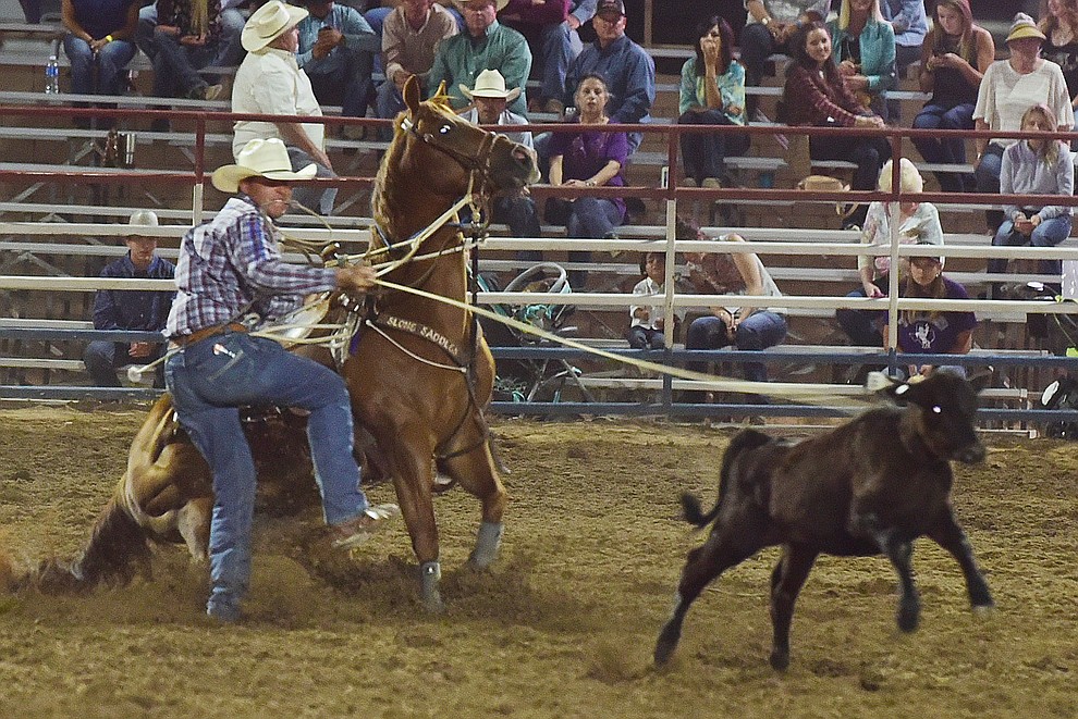 Caleb Smidt had an 8.6 second run in the tie down roping during the opening performance of the Prescott Frontier Days Rodeo Wednesday, June 28 at the Prescott Rodeo Grounds.  (Les Stukenberg/Courier)