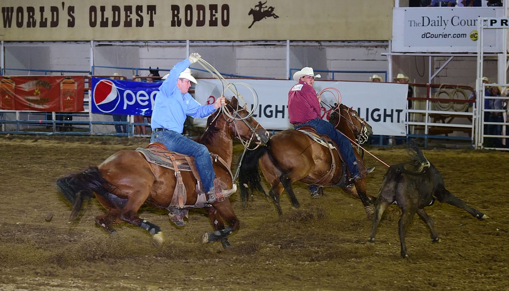 Tom Richards and Tyler McKnight had a no time in the team roping run during the opening performance of the Prescott Frontier Days Rodeo Wednesday, June 28 at the Prescott Rodeo Grounds.  (Les Stukenberg/Courier)
