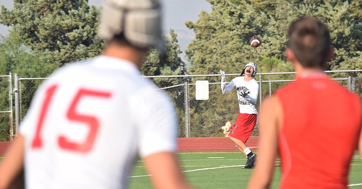 Mingus Union junior Alex Nelson catches a touchdown pass against Coconino. Nelson said the Marauders’  7-on-7 campaign is the best that they’ve had in his time at Mingus Union. (VVN/James Kelley)