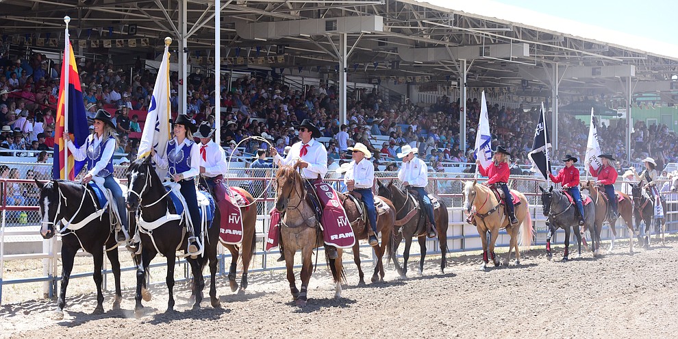 The grand entry during the 4th performance of the 2017 Prescott Frontier Days Rodeo at the Prescott Rodeo Grounds Saturday, July 1.  (Les Stukenberg/Courier)