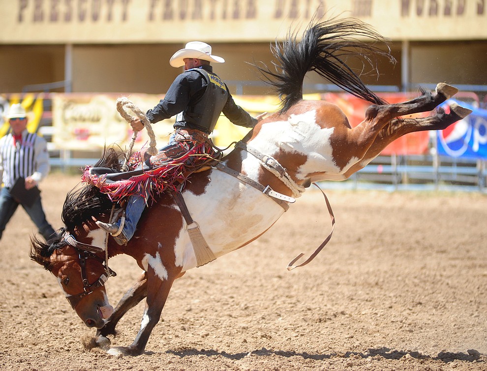 Cody Wright on Painted Bear in the Saddle Bronc during the 4th performance of the 2017 Prescott Frontier Days Rodeo at the Prescott Rodeo Grounds Saturday, July 1.  (Les Stukenberg/Courier)