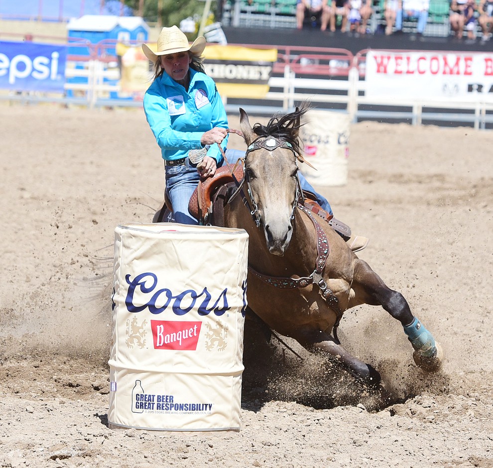 Kim Schulze ties for the lead with a 17.26 during the 4th performance of the 2017 Prescott Frontier Days Rodeo at the Prescott Rodeo Grounds Saturday, July 1.  (Les Stukenberg/Courier)