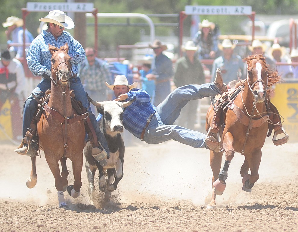 Tim Robertson in the steer wrestling during the 8th and final performance of the Prescott Frontier Days Rodeo Tuesday, July 4 at the Prescott Rodeo Grounds.  (Les Stukenberg/Courier)