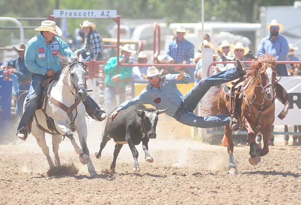 Kyle Irwin has a 4.4 second run in the steer wrestling during the 8th and final performance of the Prescott Frontier Days Rodeo Tuesday, July 4 at the Prescott Rodeo Grounds.  (Les Stukenberg/Courier)