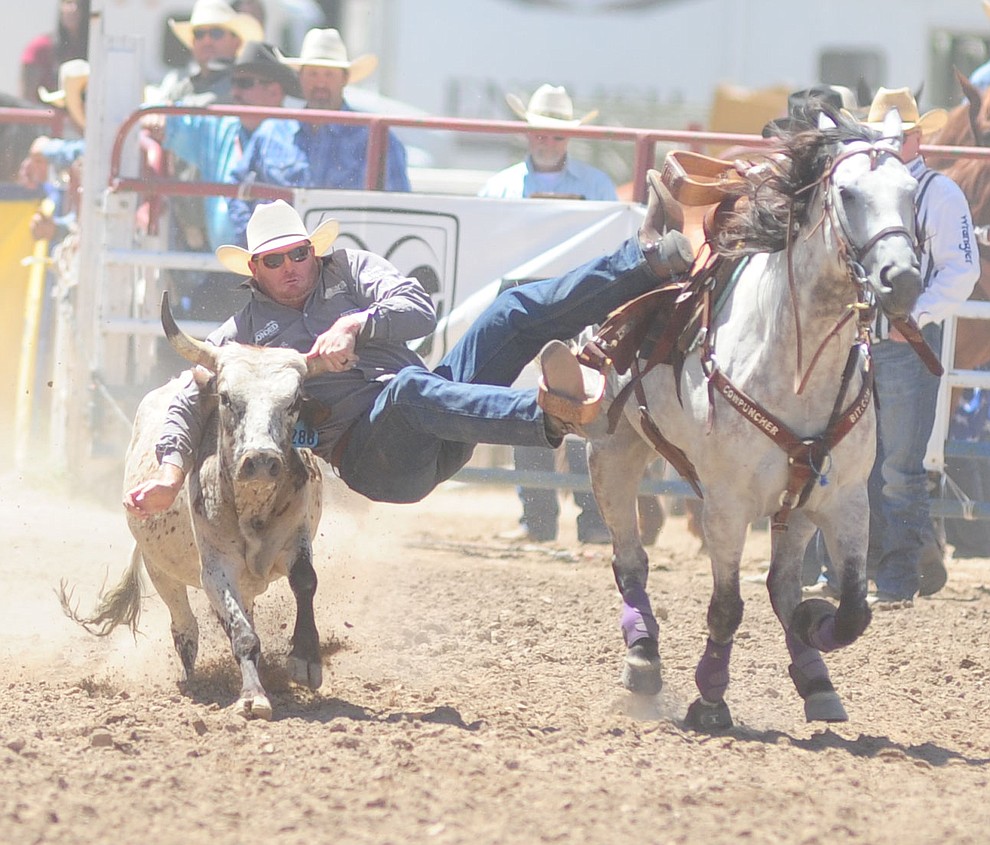 Hunter Cure had a 9.3 second run in the steer wrestling during the 8th and final performance of the Prescott Frontier Days Rodeo Tuesday, July 4 at the Prescott Rodeo Grounds.  (Les Stukenberg/Courier)
