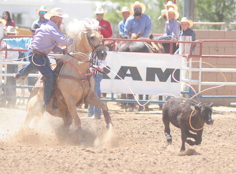 Cliff Kirkpatrick has a 22.2 second run in the tie down roping during the 8th and final performance of the Prescott Frontier Days Rodeo Tuesday, July 4 at the Prescott Rodeo Grounds.  (Les Stukenberg/Courier)