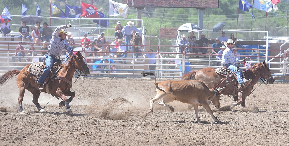 Calvin Brevik and Kory Bramwell were 6.0 seconds in the team roping during the 8th and final performance of the Prescott Frontier Days Rodeo Tuesday, July 4 at the Prescott Rodeo Grounds.  (Les Stukenberg/Courier)