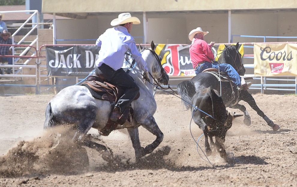 BJ Campbell and Lane Siggins were 6.0 seconds in the team roping during the 8th and final performance of the Prescott Frontier Days Rodeo Tuesday, July 4 at the Prescott Rodeo Grounds.  (Les Stukenberg/Courier)