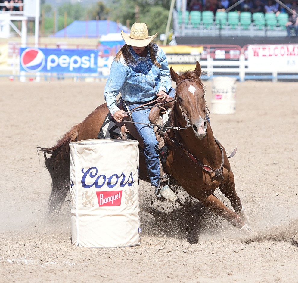 Suzann Bene ran a 17.53 in the barrel race during the 8th and final performance of the Prescott Frontier Days Rodeo Tuesday, July 4 at the Prescott Rodeo Grounds.  (Les Stukenberg/Courier)
