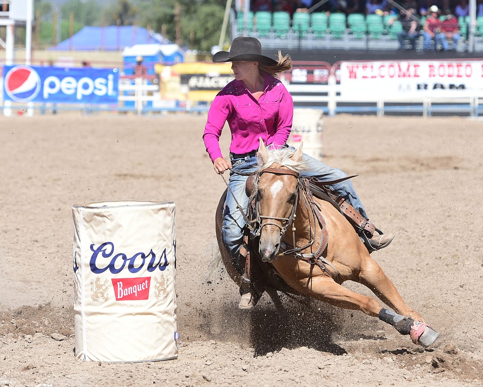 Cabrina Vickers ran an 18.12 in the barrel race during the 8th and final performance of the Prescott Frontier Days Rodeo Tuesday, July 4 at the Prescott Rodeo Grounds.  (Les Stukenberg/Courier)