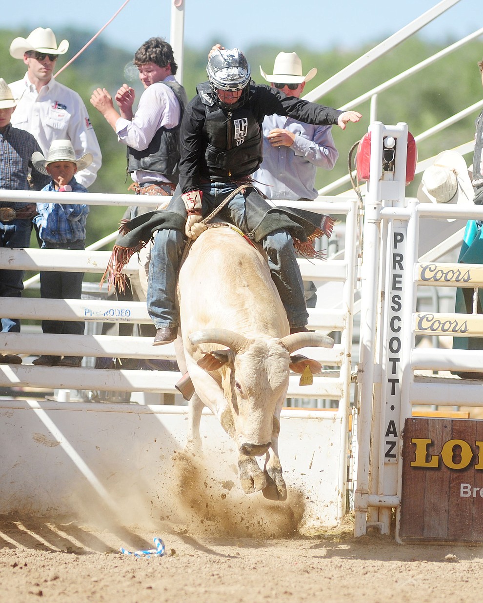 Jay Price on Smashing Success in the bull riding during the 8th and final performance of the Prescott Frontier Days Rodeo Tuesday, July 4 at the Prescott Rodeo Grounds.  (Les Stukenberg/Courier)