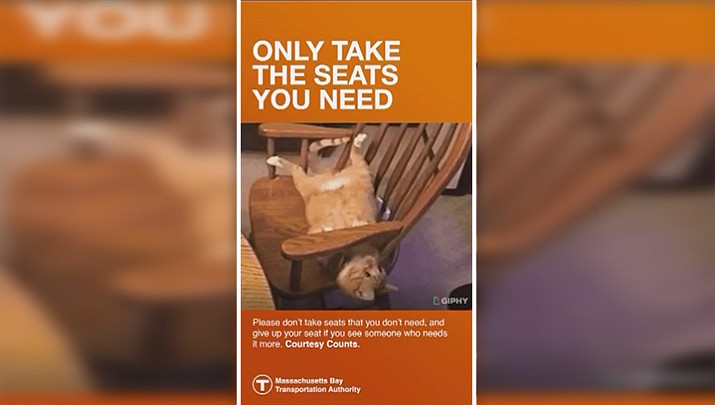 In brief animated videos that recently debuted at the Copley station, passengers are reminded to take only the seats they need. The videos end with the words “Courtesy counts.”