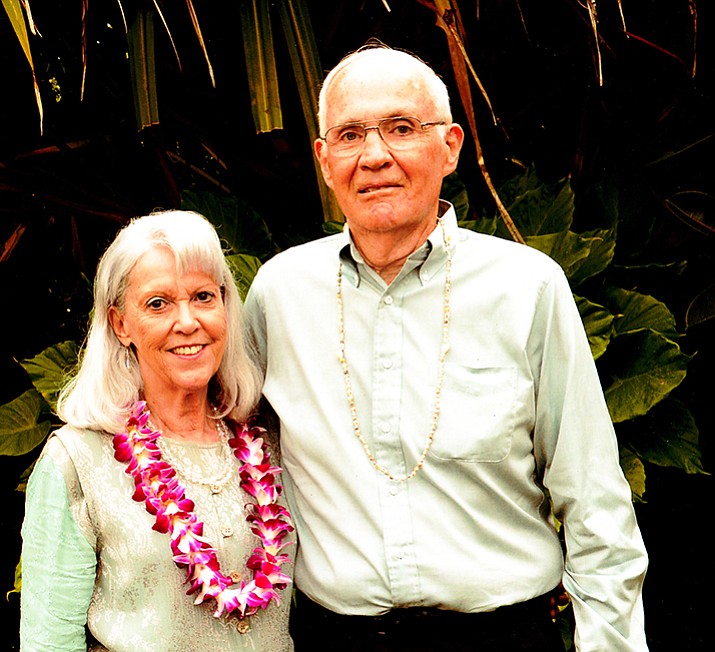 Linda and Dan Morris celebrating on June 9, their 60th wedding anniversary, while on their first visit to Hawaii. They attended an enjoyable festive evening at the Luau Kalamaku Plantation in Kauai, Hawaii.